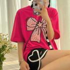 Elbow-sleeve Bow Embroidered T-shirt