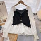 Long-sleeve Square-neck Shirt Black & White - One Size