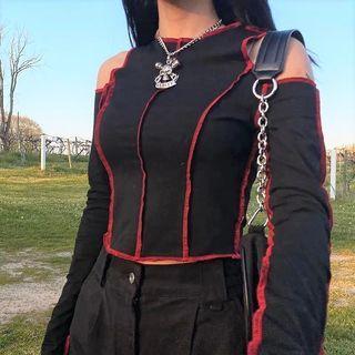 Cold-shoulder Contrast Stitching Cropped T-shirt
