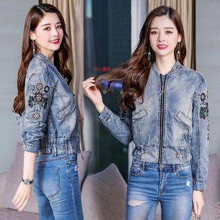 Floral Embroidered Denim Zip Jacket