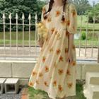 Puff-sleeve Flower Print Midi Shift Dress Floral - Yellow - One Size