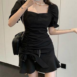 Puff-sleeve Shirred Ruffled A-line Dress