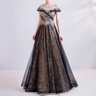Sequined Mesh Panel Short-sleeve A-line Evening Gown