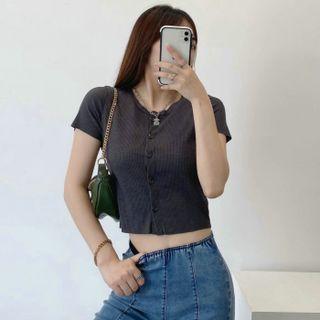 Short-sleeve Button-up Knit Cropped Cardigan