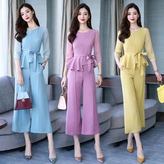 Set: 3/4-sleeve Peplum Top + Crop Wide Leg Pants