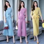Set: 3/4-sleeve Peplum Top + Crop Wide Leg Pants