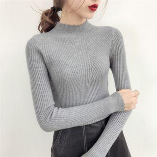 Mock Collar Plain Rib Sweater