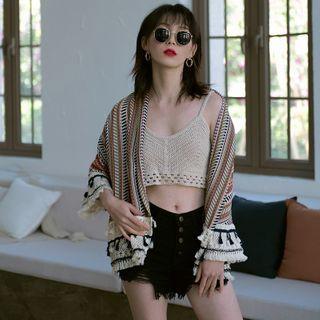 Printed Fringed Jacket As Shown In Figure - One Size