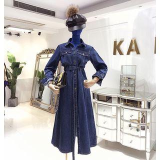Buttoned Midi Denim Dress With Sash