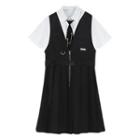 Short-sleeve Shirt / Pleated A-line Overall Dress / Chained Tie / Set