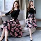 Long-sleeve Floral Print Panel A-line Dress