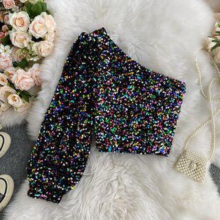 Cold Shoulder Skinny Sequined Crop Top