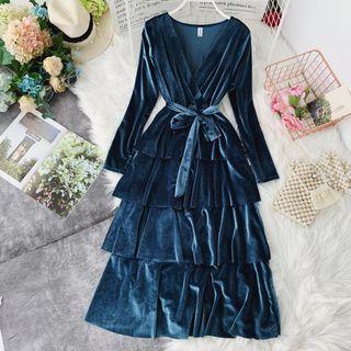 Long-sleeve Velvet Tiered A-line Midi Dress