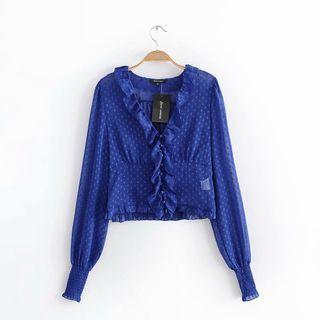 Lantern-sleeve V-neck Ruffled Blouse