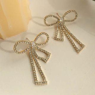 Rhinestone Bow Stud Earring 1 Pair - 925 Silver Needle Earrings - Gold - One Size