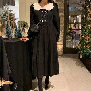 Puff-sleeve Ruffle Collared Midi A-line Dress Black - One Size
