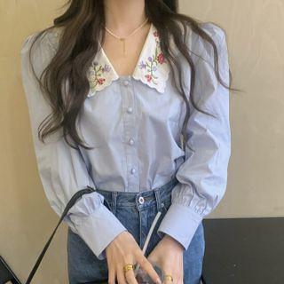 Puff Long-sleeve Embroidered Collar Plain Shirt