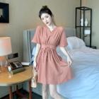 Short-sleeve Lace-up Waist Plain Dress As Shown In Figure - One Size