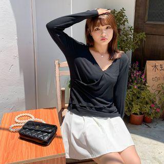 Long-sleeve V-neck Plain Knit T-shirt