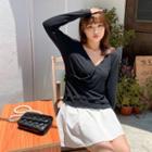 Long-sleeve V-neck Plain Knit T-shirt