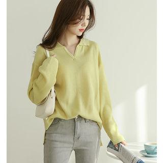 Collared V-neck Pastel Knit Top