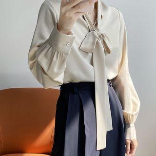 Long-sleeve Bow-neck Satin Blouse