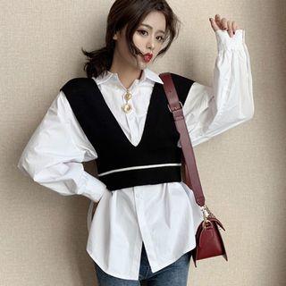 Plain Shirt / Cropped Knit Vest / Set