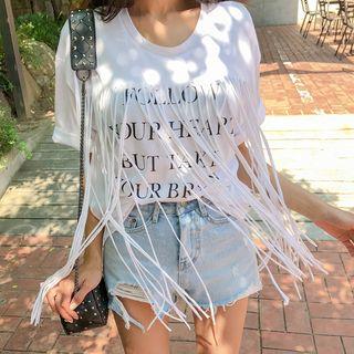Lettering Fringed Cotton T-shirt