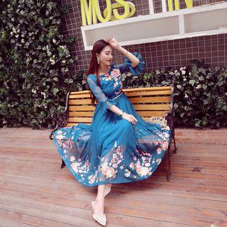 Elbow-sleeve Floral Embroidered Maxi A-line Dress
