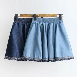 Fringed Mini Denim Skirt