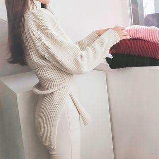 Mock-neck Self-tie Ribbed Sweater