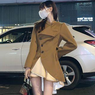 Long-sleeve Stand-collar Asymmetrical Hem Woolen Mini Dress Khaki - One Size
