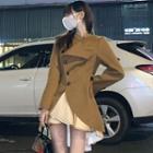 Long-sleeve Stand-collar Asymmetrical Hem Woolen Mini Dress Khaki - One Size