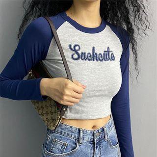 Raglan-sleeve Lettering Cropped T-shirt