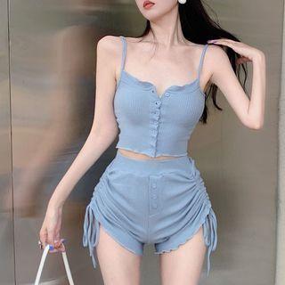 Set: Ribbed Crop Camisole Top + Drawstring Shorts