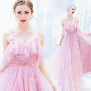 Ruffle Spaghetti Strap A-line Evening Gown