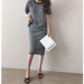 Set: Checked Linen Blend Top + Band-waist Midi Skirt