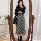 Collared Sweater / High-waist Argyle A-line Midi Skirt