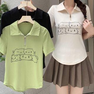 Short-sleeve Cartoon Print Zip Polo Shirt