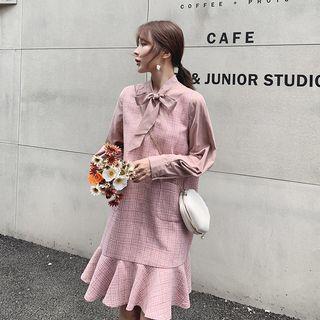 Lantern-sleeve Mini Plaid Dress