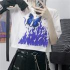 Elbow-sleeve Graphic Print Cropped T-shirt White - One Size