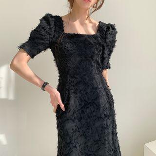Short-sleeve Square-neck Textured Midi Mermaid Dress