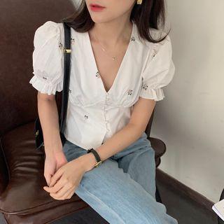 Puff-sleeve Floral Embroidered V-neck Blouse White - One Size