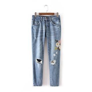 Flower Embroidered Slim Fit Distressed Jeans
