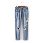 Flower Embroidered Slim Fit Distressed Jeans