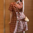 Plaid Double-breasted Short-sleeve Shirt Dress Plaid - Tangerine Red - One Size