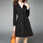 Pinstriped Long Sleeve V-neck Dress