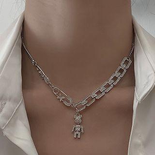 Bear Rhinestone Pendant Stainless Steel Choker Silver - One Size