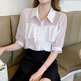 Short-sleeve Beaded Ruffled Blouse
