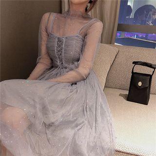 Lace-up Front Mesh Dress / Long-sleeve Mesh Top